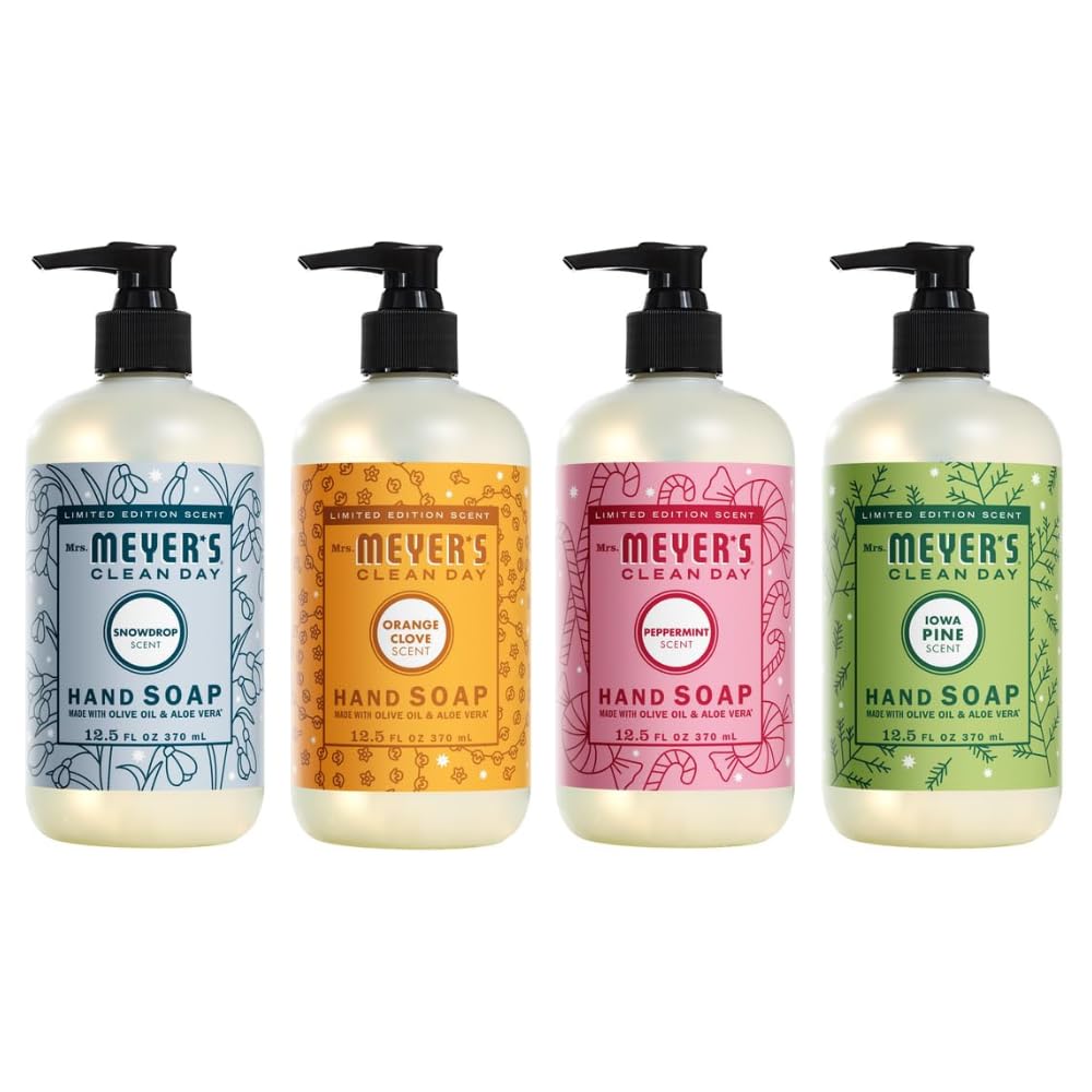 MRS. MEYER'S CLEAN DAY Hand Soap 4 Scent Variety - Holiday and Winter Collection - Snowdrop, Orange Clove, Peppermint, Iowa Pine. 12.5 OZ EACH, 1 CT