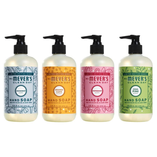 MRS. MEYER'S CLEAN DAY Hand Soap 4 Scent Variety - Holiday and Winter Collection - Snowdrop, Orange Clove, Peppermint, Iowa Pine. 12.5 OZ EACH, 1 CT