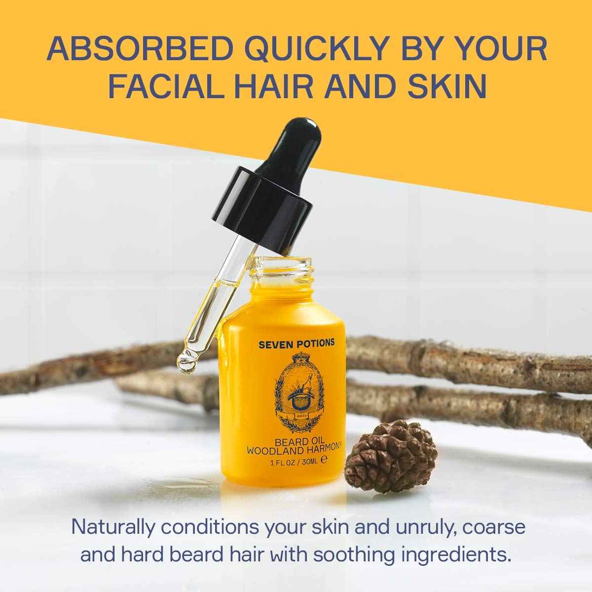 SEVEN POTIONS Natural Beard Oil for Men 1 FL OZ / 30ml — Sweet & Woody Beard Softener & Conditioner — Vegan Conditioning Oil That Helps Prevent Itch & Dandruff (Woodland Harmony)