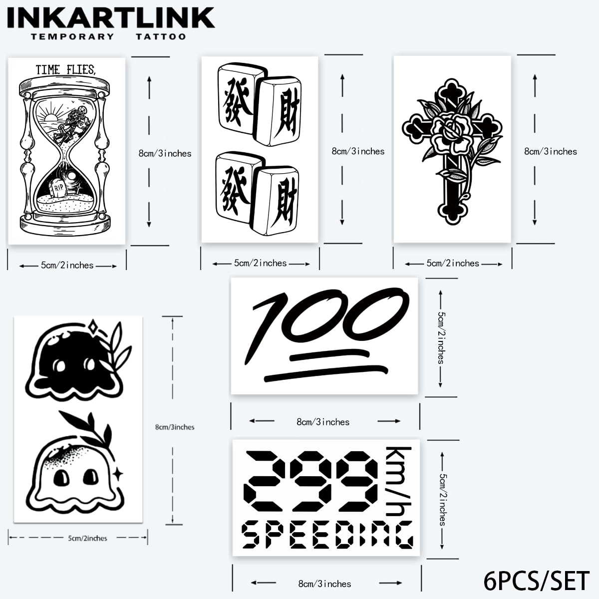 INKARTLINK Tattoo Tech,6 Sheets Small Semi Permanent Tattoo, Temporary Tattoos Adult, Last 1-2 Weeks, Waterproof, Realistic look, No Adhesive, No reflection (Numbers, Fortune, Cross）