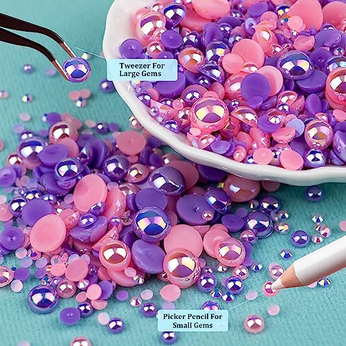 50g Flatback Pearls and Rhinestones Set 3-Purple&Pink, Mixed Size 3-10mm Resin Rhinestones and Half Pearls for Nail Art and Crafts and Decoration with Tweezer and Pickup Pencil