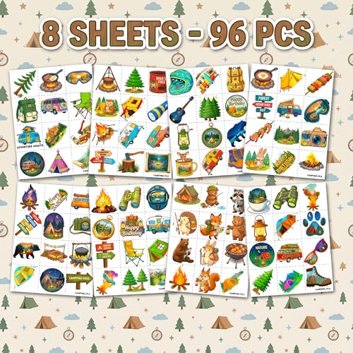 96 Camping Temporary Tattoos for Kids - 8 Sheets