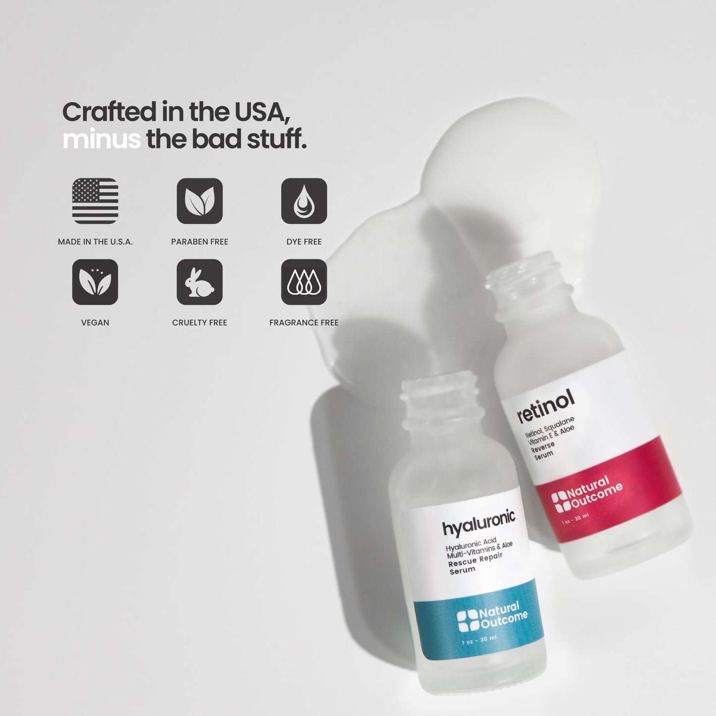 Natural Outcome Hyaluronic Acid, Vitamin C Face Serum and Retinol Facial Serum - Night and Day Anti Aging Facial Serum and Hydrating Serum Set 1 oz Each, Vegan, Cruelty Free & Fragrance Free