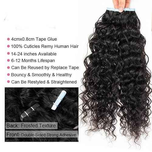 Curly Tape in Hair Extensions Human Hair for Women Water Wave Double Side Skin Weft Tape on 16 Inch Real Virgin Hair Deep Water Wave Invisible Seamless Hair Extensions 50g 20pcs