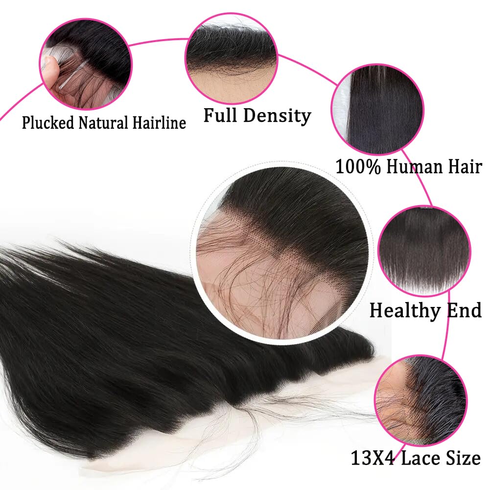 13x4 Lace Frontal Closure Straight Human Hair Ear to Ear HD Lace Frontal Closure Free Part Brazilian Straight Hair Extensions 150% Density Lace Frontal Human Hair Pre Plucked with Baby Hair 16 Inch