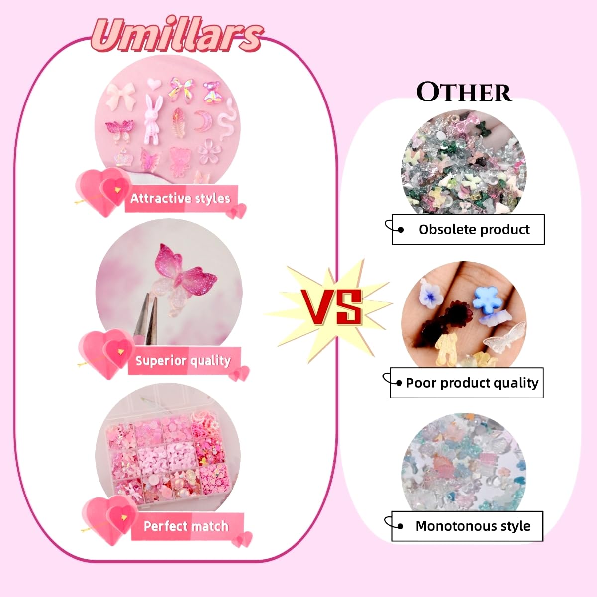 Umillars 460pcs 3D Resin Nail Art Charms with 950pcs Special Shape Nail Flatback Rhinestones Nail Art Slices Acrylic Hollow Beads Nail Art Sequins Mini Flowers for Nail Art Designs Craft