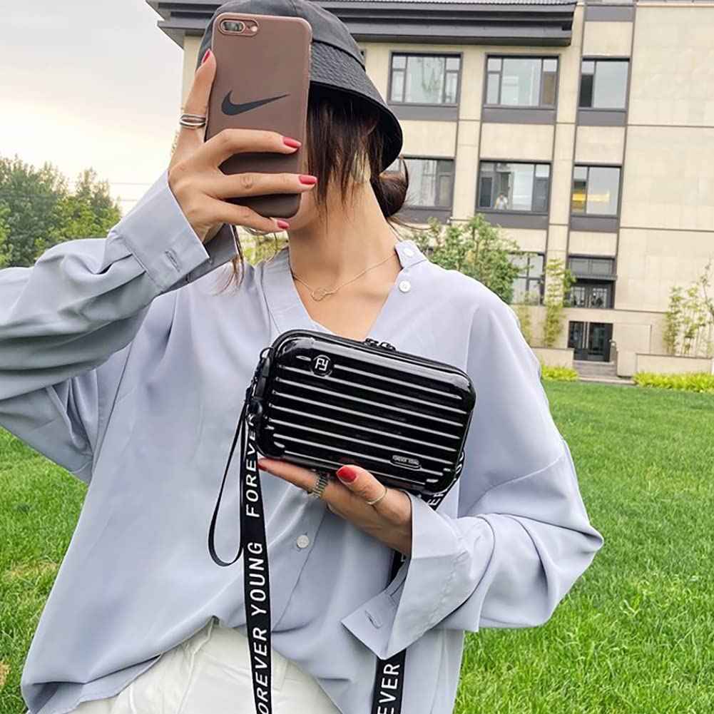 OXYPLAY PVC Hard Shell Travel Multi-Function Luggage,Women's Portable Toiletry And Makeup Bag, Alphabet Strap Storage Crossbody Bag (Black)