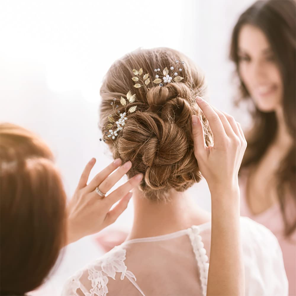 4 Pieces Bridal Wedding Hair Pins Gold Leaf Crystal Pearl Hair Pins Clips Flower Headpiece Vintage Wedding Hair Accessories for Brides Bridesmaids Women Girls