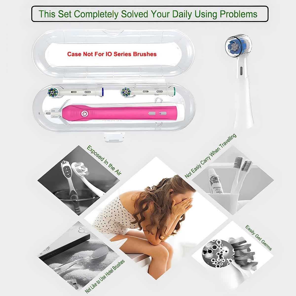 HORNORM Electric Toothbrush Travel Case for Oral-B Toothbrushes & 6Pcs Reusable Toothbrush Head Covers Compatible with Oral B Electric Toothbrush Heads (White)