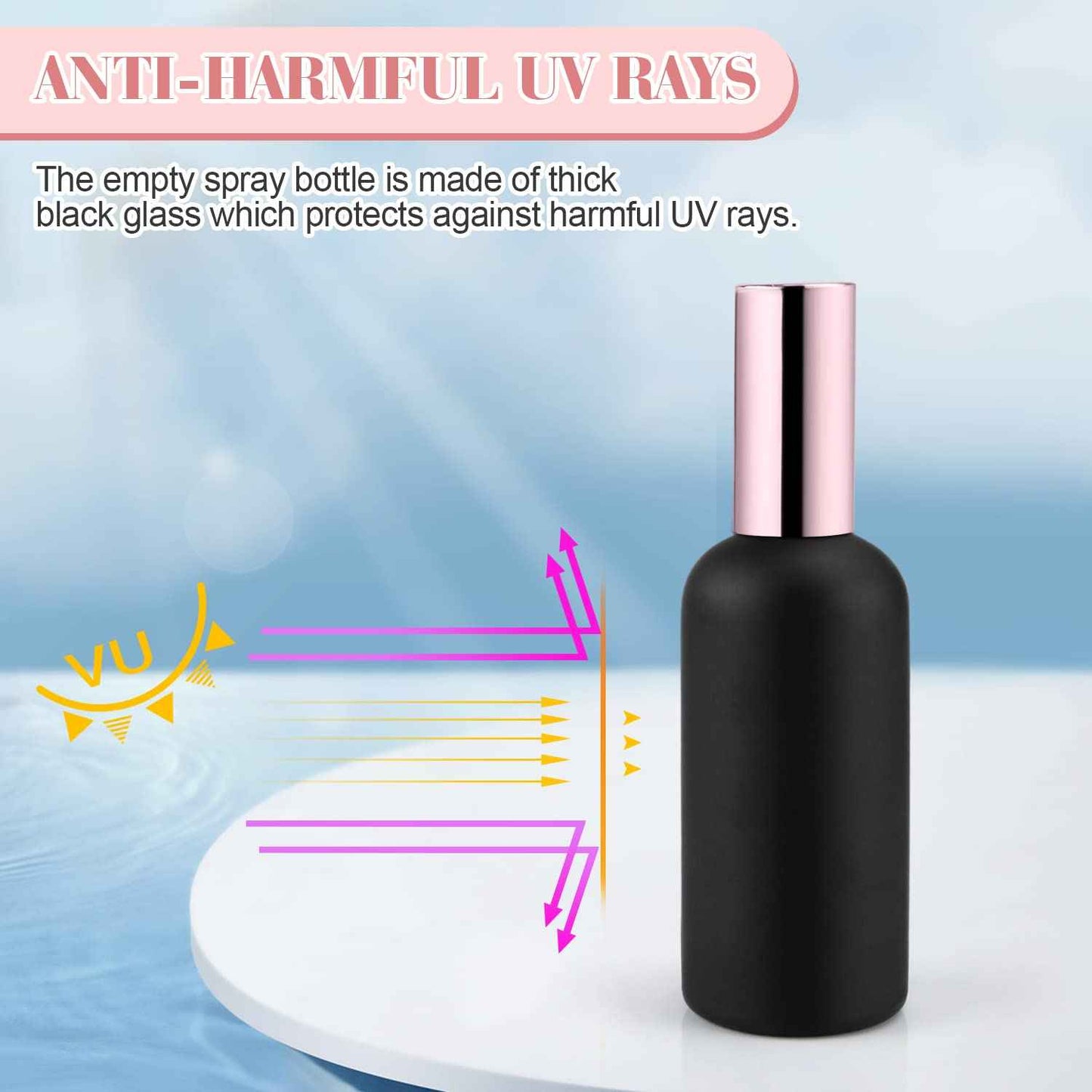 DMuuuDM 6 Pack 3.4 Oz Black Frosted Glass Spray Bottles,Empty Perfume Fine Mist Atomizer,Rose-Golden Pump Head Travel Liquid Holder Containers for Cologne,Essential Oils,Body Sprays-Funnel&Pipette