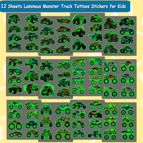 Luminous Monster Truck Temporary Tattoos for Kids - 12 Sheets Glow in the Dark Monster Truck Tattoos for Kids Monster Truck Birthday Decorations