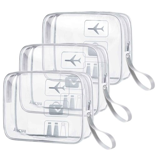 Aucuu 3 Pack Clear Travel Bags, TSA Approved Toiletry Bags, PVC Waterproof Travel Wash Bags Cosmetic Bag Transparent Pouch For Traveling