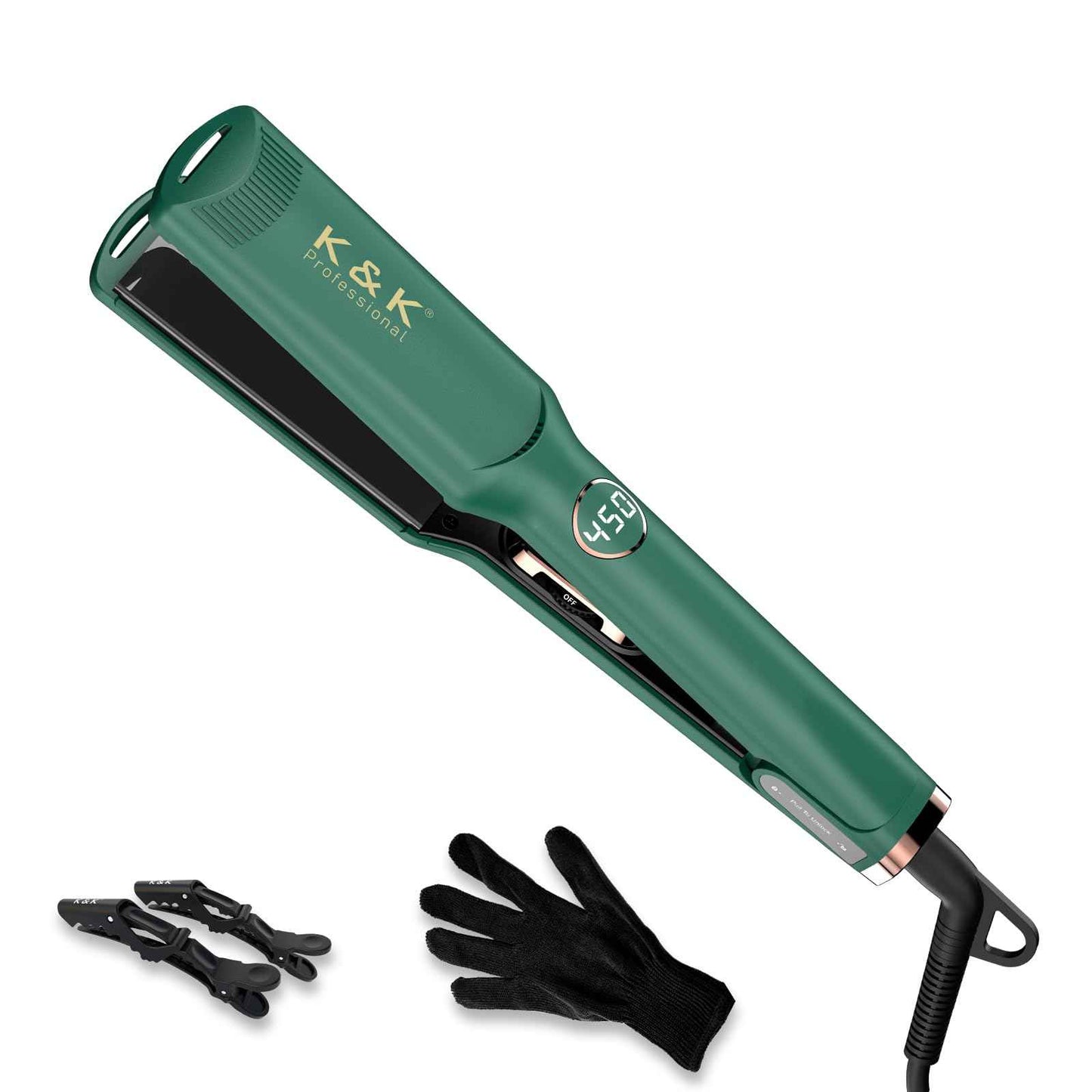 K&K Hair Straightener with LED Display Adjustable Temperature 1.5 Inch Wide Flat Iron for Thick Hair Tourmaline Titanium Dual Voltage 60min Auto Shut Off