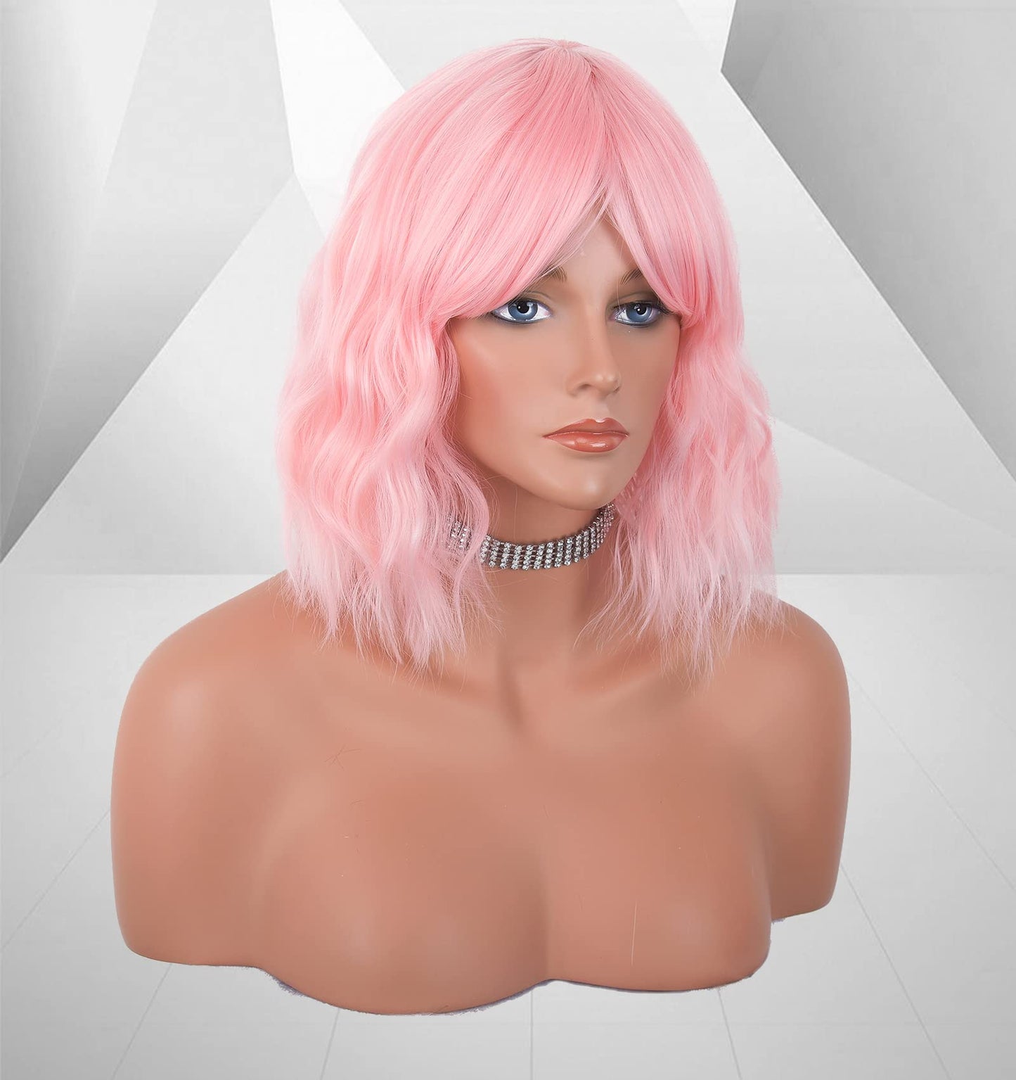 LANOVA Baby Pink Short Wigs with Bangs, Light Pink Cosplay Wigs for Women, Loose Waves Textured, Best Wob Synthetic Hair Wig LANOVA-134-8