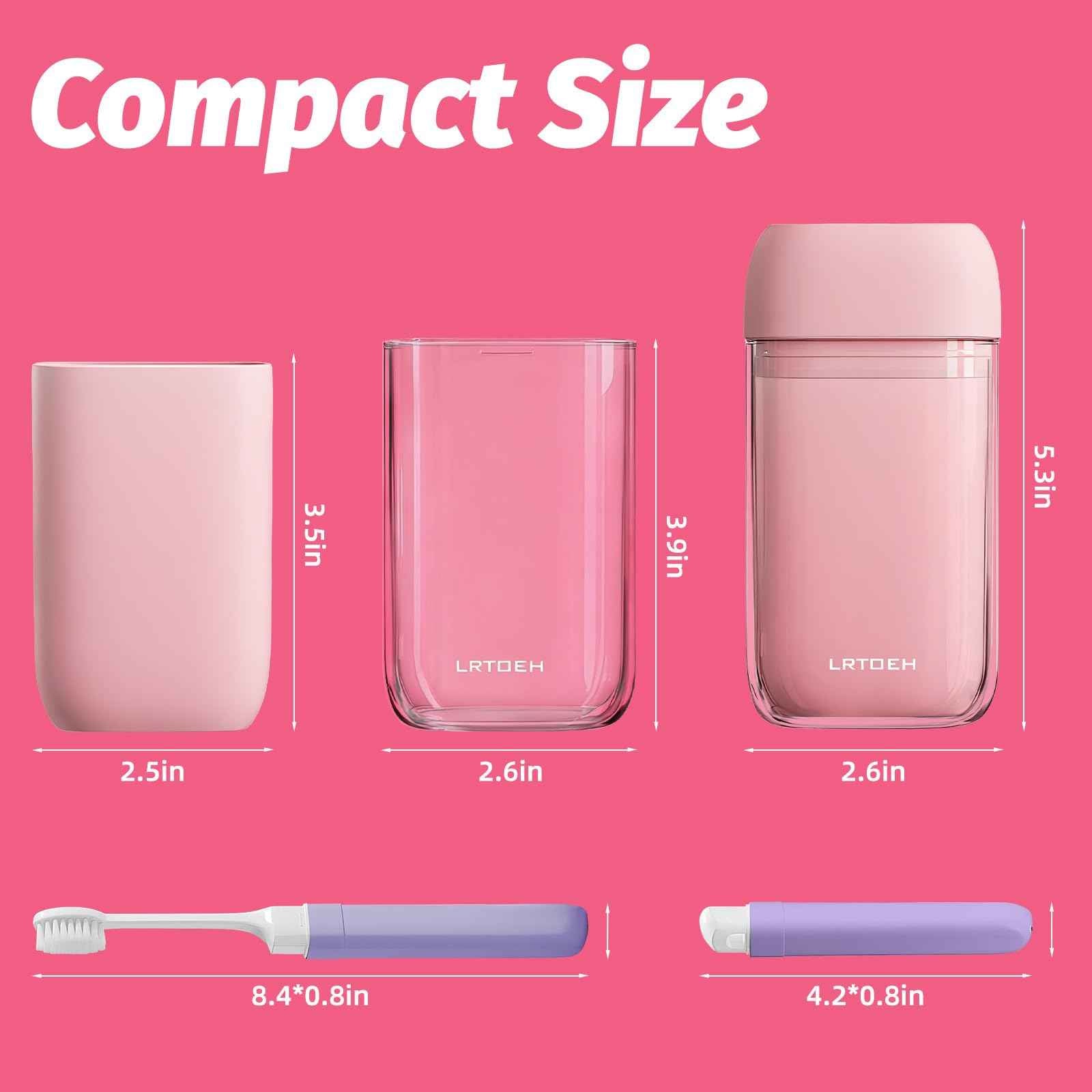 LRTOEH Travel Toothbrush Cup Set, Portable Travel Wash Cup with Foldable Toothbrush, Small Toothbrushes Case Holder with Cover, Lightweight Mini for Hiking, Business Trip (Pink)