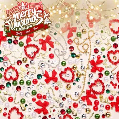 Red Heart Nail Charms, Bow Charms, Acrylic Art Charms, Pearl Beads, Gold Studs Gems for Nails