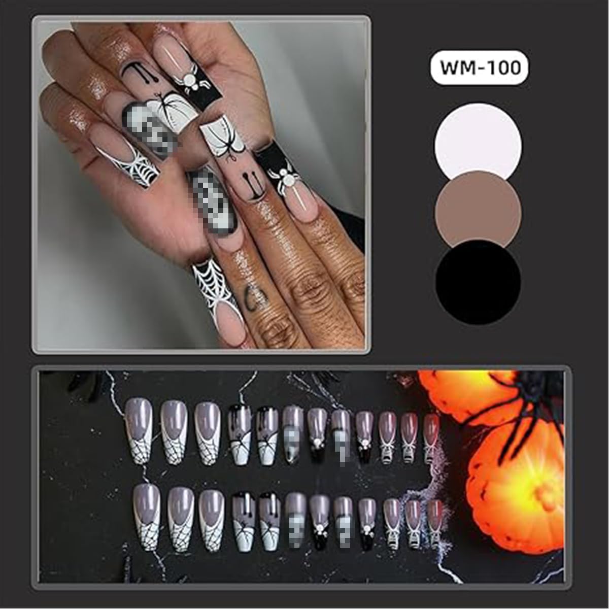 Halloween Press on Nails Long Coffin Fake Nails Black French Tip False Nails with Designs Spider Cobweb Ghost Pumpkin Glue on Nails Fall Cover Glossy Acrylic Nails Stick on Nails for Women Girls 24Pcs