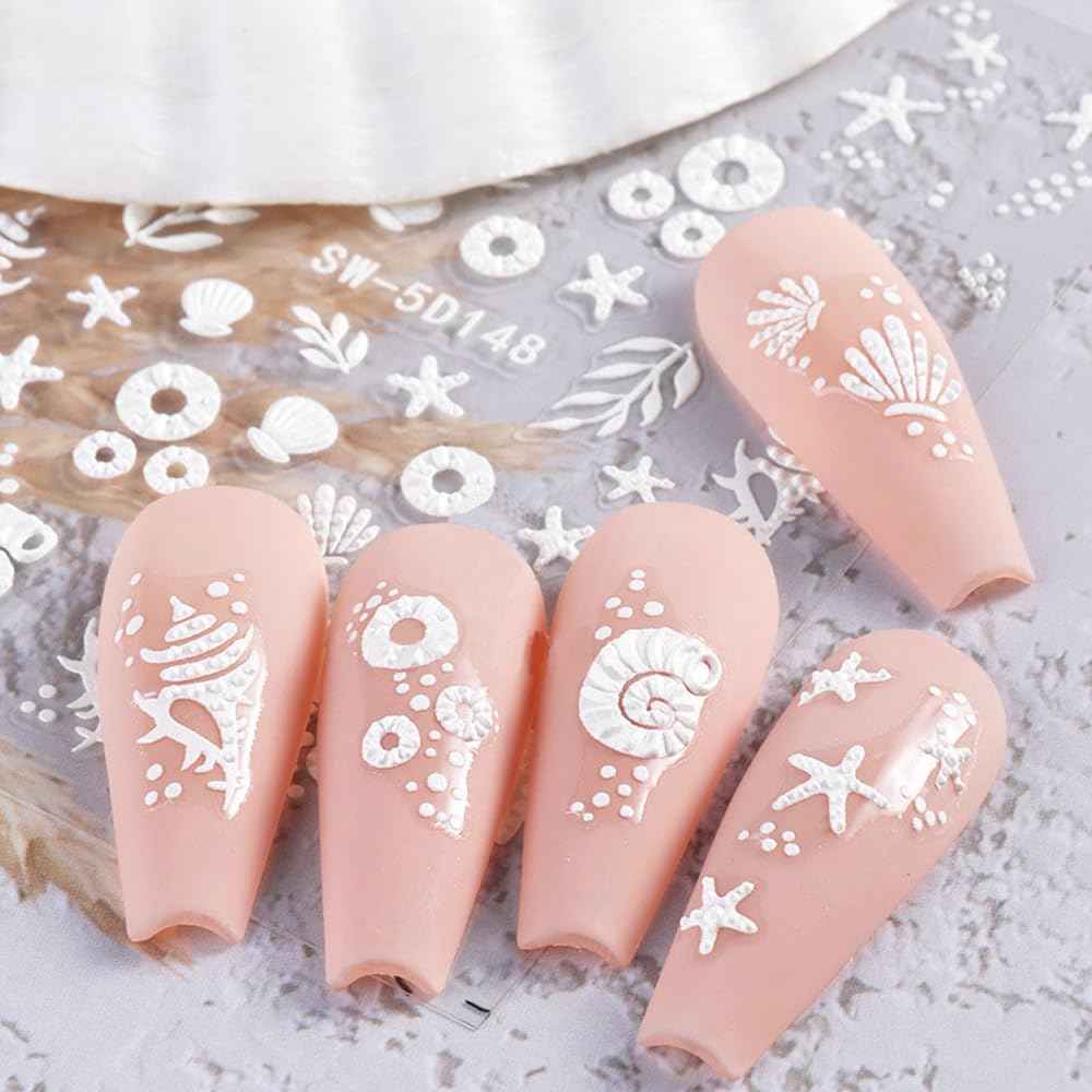 5D Embossed Ocean Nail Stickers - Summer Decals With Shell, Starfish, Jellyfish, Sea Animals - Beach Art Supplies for Nails