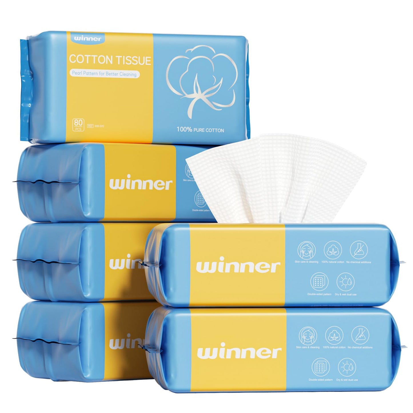 Winner Disposable Face Towels | 100% USA Cotton Daily Face Towelettes, Double-sided Makeup Remover Dry Wipes, Super Soft and Thick Facial Towels for Sensitive Skin, 480 Count, 6 Pack