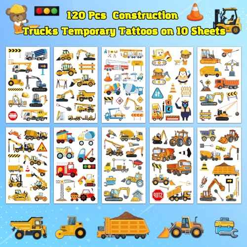 10 Sheets Construction Trucks Temporary Tattoo for Kids, 120 Pcs Vehicles Fake Tattoos for Boys Party Favors, Cars Birthday Supplies Decorations