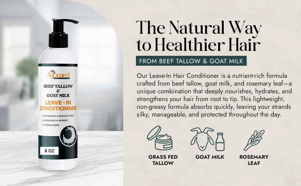 Beef tallow & Goat milk Leave-In Conditioner| Handmade hair Detangler- Anti-Frizz dreadlock moisturizer-Split Ends Breakage (12 Fl Oz)