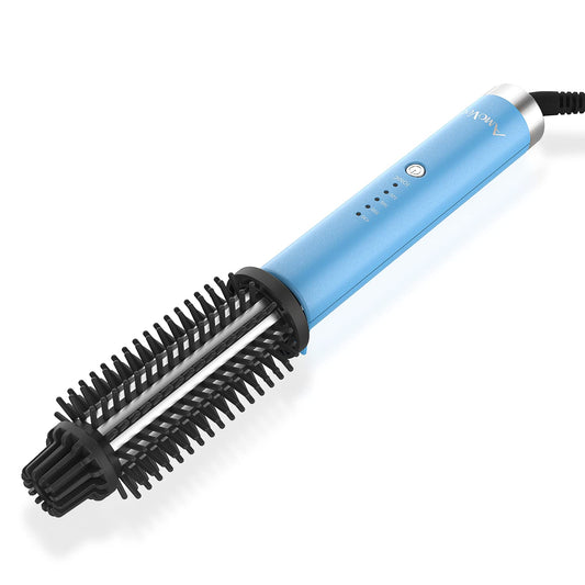 AmoVee 1 Inch Curling Iron Brush, Dual Voltage Hair Brush for Travel, Ceramic Tourmaline Ionic Heat Up Curling Wands for All Hair Types, Adjustable Temperature, Blue(100-240V)