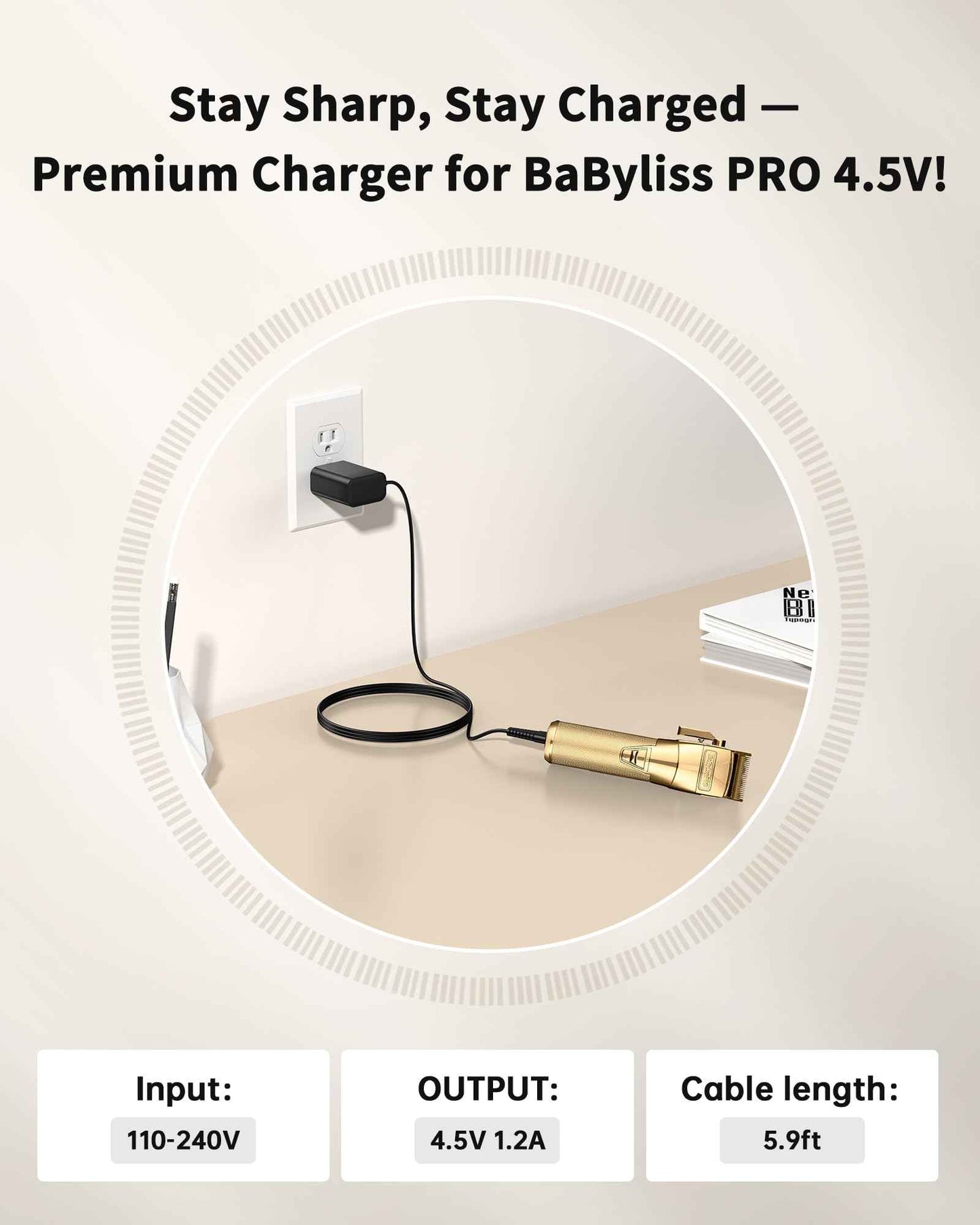 VHBW 4.5V Charger Compatible with BaByliss PRO Clippers and Trimmers, Replacement Charger for BaByliss Pro FX870, FX788, FX787, FXSSM, FX820, FX726, FX825, LoPROFX (6FT)