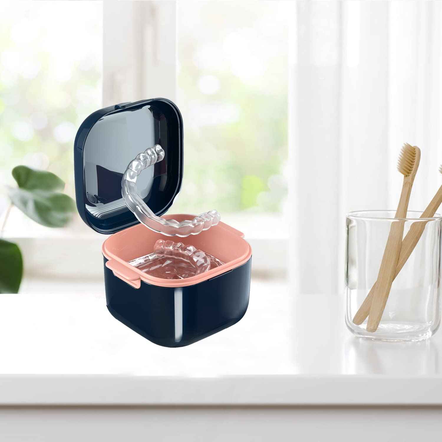 whoobell Denture Cup，Retainer Case,Cute Night Mouth Guard Box Holder, Storage Soak Container with Strainer basket for Travel Cleaning (Blue)