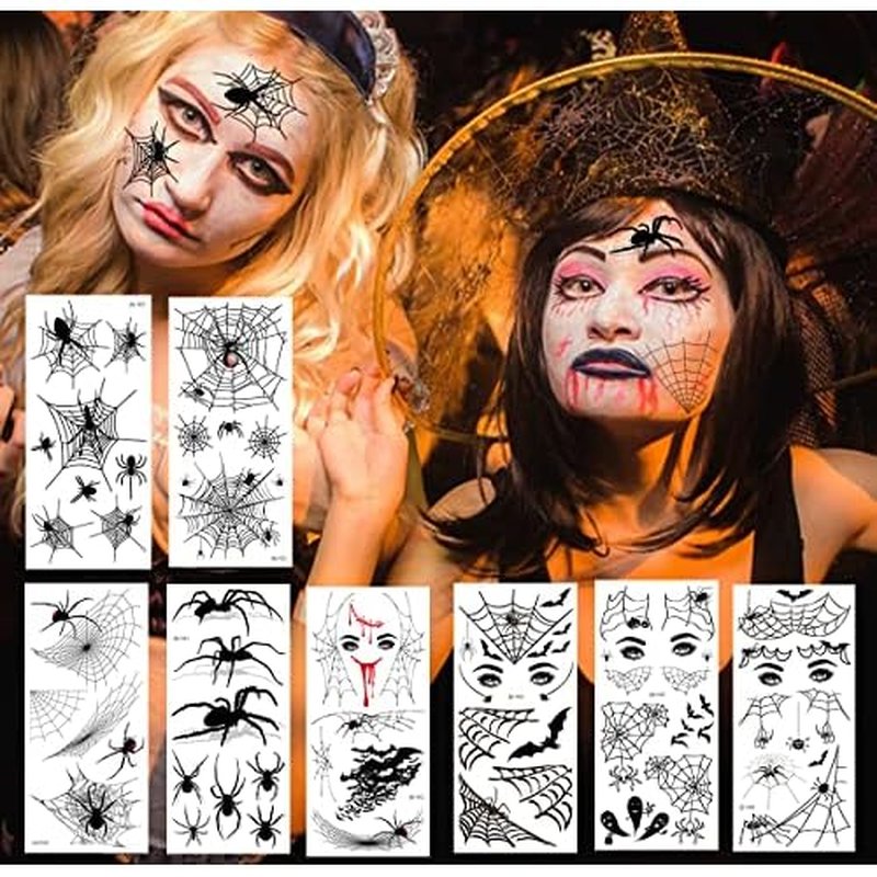 65 PCS Halloween Spider Web Face Eye Temporary Tattoos Realistic Stickers for Adults Kids, Face Shoulder Arm Back Decor for Halloween Party Costume Apparel Cosplay Accessories (9 Sheets)
