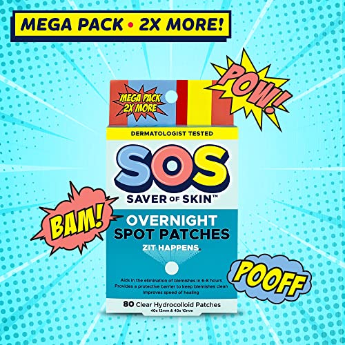 SOS SAVER OF SKIN™, Blemish Patches, Fast Working Hydrocolloid Acne Patches for Covering Pimples, Zits, and Blemishes on Face and Skin, Absorb Fluids, Latex Free, Vegan (40, Transparent)