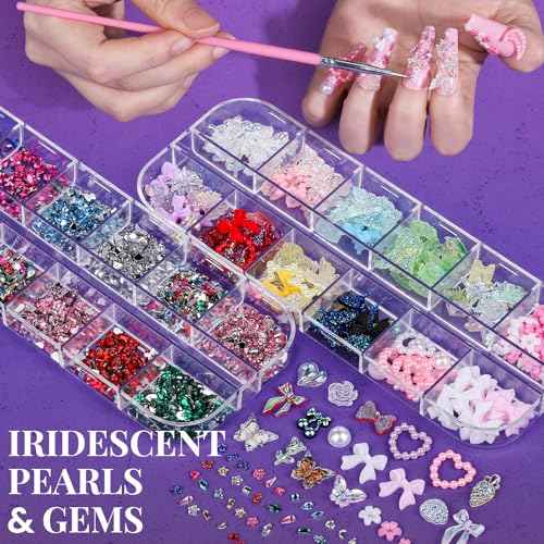 FANDAMEI Nail Art Brushes, Nail Art Kit with 15 Pcs Nail Art Brush, 5 Pcs Dotting Tools, 6 Box Nail Charms and Gems, 10 Sheet Flower Nail Stickers, Complete Nail Decoration Art with Nail Art Brushes