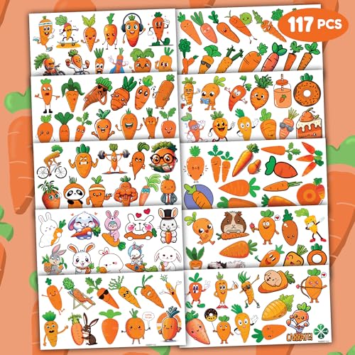 117 PCS Funny Vegetable Carrot Temporary Tattoos Sticker Fruit Carrot Bunny Birthday Party Decor Decorations Supplies Favors Gifts Boys Girls Baby Shower Cute Fake Tattoo School Reward Themed