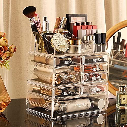 Cq acrylic 3 Pack Clear Make Up Organizer Countertop,Stackable 8 Drawers Makeup Storage,Cute Vanity Organizers for Dresser Hair Clip,Jewelry,Beauty Product Desk and Bathroom Organizers and Storage