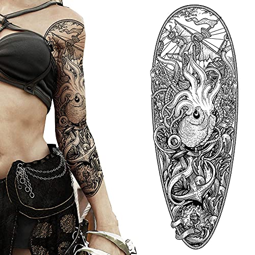 2 x Temporary tattoo full arm caribbean pirate kraken stick on body art transfer for women and men cosplay halloween adult temp tattoo for arms fancy dress
