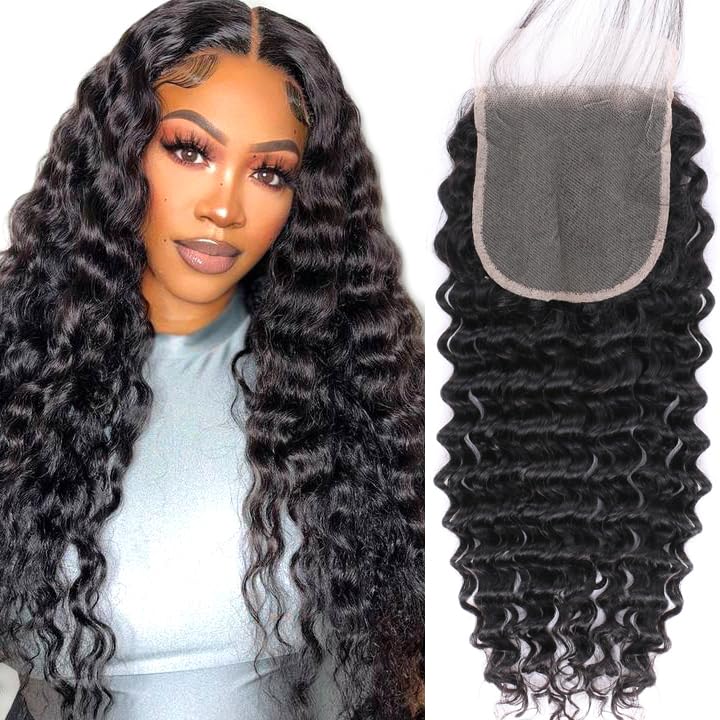 5x5 HD Lace Closure Deep Wave Ultra-thin Transparent HD Lace Closure 12A Brazilian Virgin Human Hair Closure Free Part Pre Plucked with Baby Hair Natural Black 12 Inch