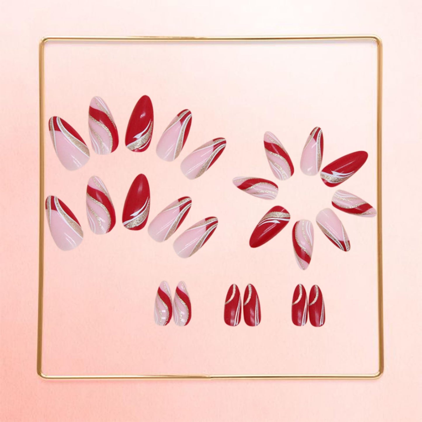 24Pcs Almond Press on Nails Medium Fake Nails Full Cover Wine Red French Tips with Gold Line Designs Artificial Acrylic Reusable Glossy False Nails Glue on Nails Stick on Nails for Women Girls