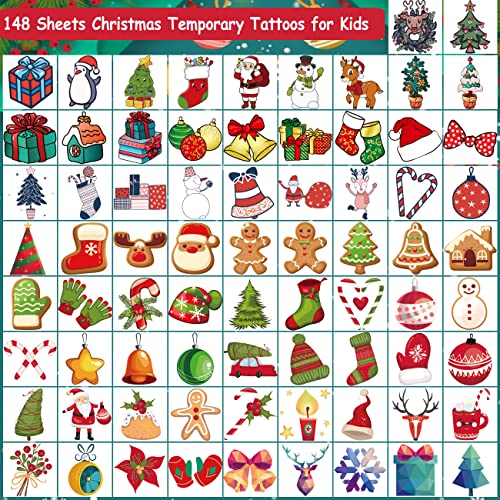 148 PCS Christmas Temporary Tattoos for Kids - Xmas Individual Tattoos for Kids Christmas Party Favors, Stocking Stuffer, Christmas Eve Gift