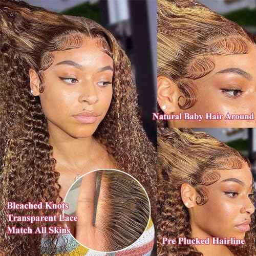 26 Inch 13x6 Deep Wave Lace Front Wigs Human Hair Honey Blonde HD Lace Frontal Wigs Ombre 4/27 Highlight Curly Lace Front Wigs Human Hair Pre Plucked with Baby Hair Water Wave Lace Frontal Wigs