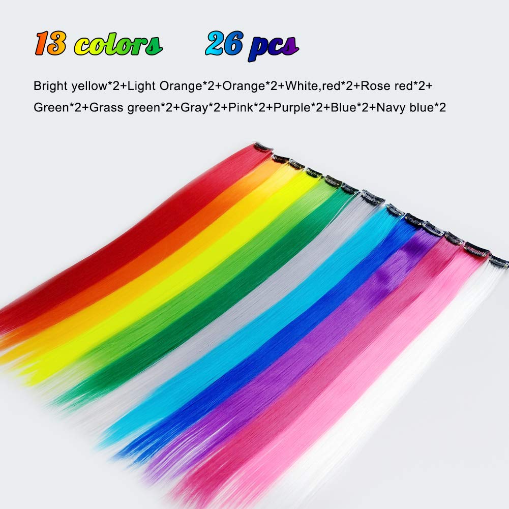 26 Pack Colored Party Highlights Clip in Hair Extensions for Girls 20 inches Multi-colors Straight Hair Synthetic Hairpieces In The Party(13colored)