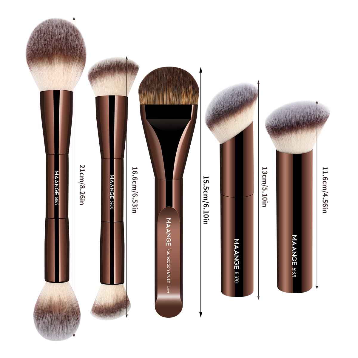MAANGE 5 PCS Foundation Makeup Brush Set Double-ended Kabuki Mask Contour Brush for Liquid Powder Concealer Cream Cosmetics Blending Makeup Brushes (Coffee)