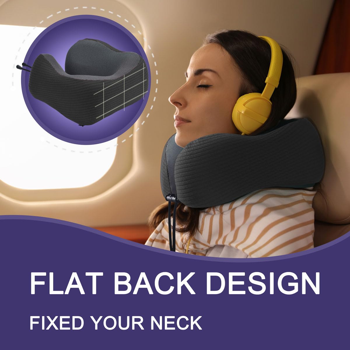 napfun Neck Pillow for Traveling, Upgraded Travel Neck Pillow for Airplane 100% Pure Memory Foam Travel Pillow for Flight Headrest Sleep, Portable Plane Accessories, Striped Black