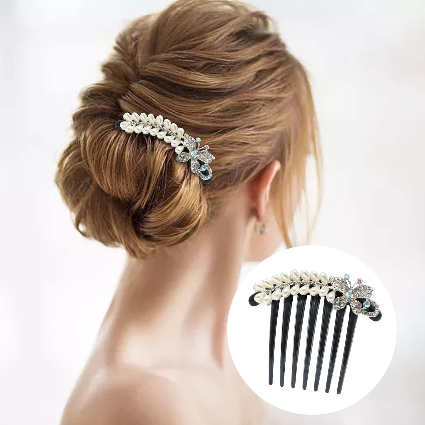 Honbay 2PCS 7 Teeth Hair Side Combs Pearl Crystal Rhinestone Floral Twist Combs Rhinestone Flower Hairpin Decorative Hair Combs Accessories for Women (2 Style)