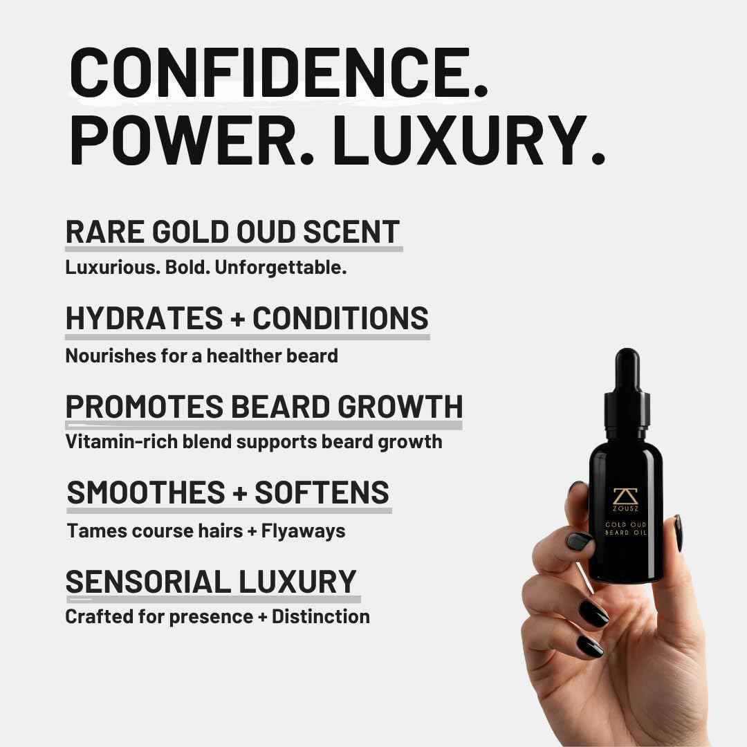 ZOUSZ Gold Oud Beard Oil for Men – Premium Beard Growth & Conditioning Oil with Argan & Organic Oils – Softens, Strengthens & Moisturizes – Non-Greasy Vegan Grooming Gift – 30ml