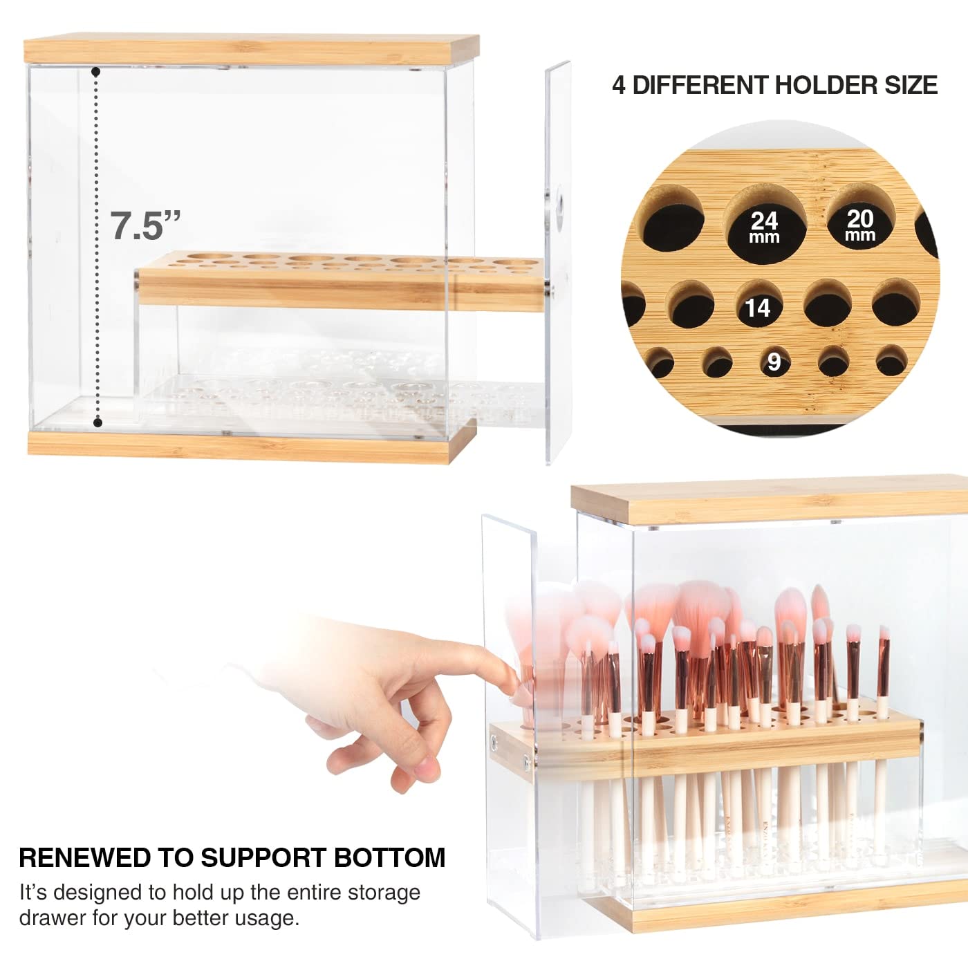 JACKCUBE DESIGN Transparent 29 Holes Bamboo Makeup Brush Holder Organizer Beauty Cosmetic Display Stand with Transparent Drawer (Transparent, 8.77 x 3.38 x 8.46inches) – :MK228C