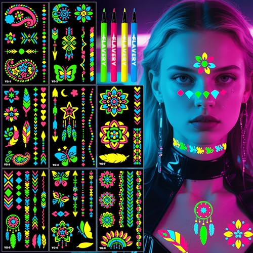 Glow in the Dark UV Neon Face & Body Markers with Stencils for Parties