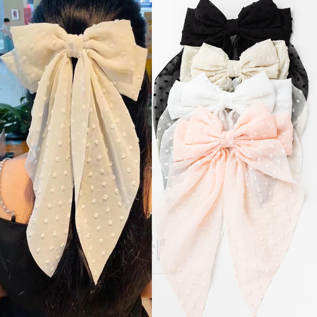 Seneeel Large Hair Bows 4 PCS - Cute Oversized Ribbon Bows for Women in Beige, Light Pink, White, Black - Hair Barrettes for Different Occasions