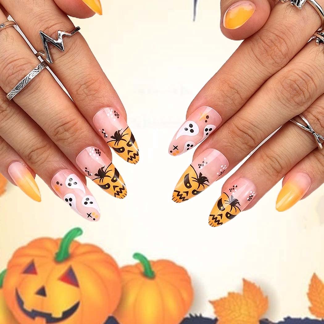 Outyua Stiletto Halloween Long Press on Nails with Design Horror Acrylic Fake Nails Ballerina False Nails Designer Full Cover Nails 24Pcs for Women and Girls (Orange Pumpkin)