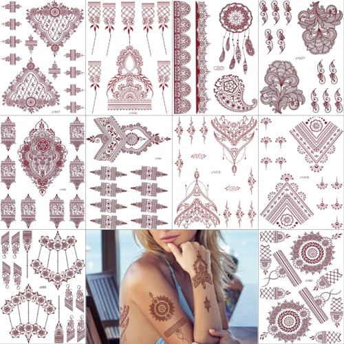 10 Sheets Henna Tattoos Temporary Stickers 10Pcs Brown Tattoo Templates Women Body Art Stickers for Wedding Party(10pcs Brown)
