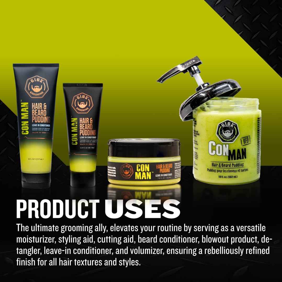 GIBS Con Man Hair & Beard Pudding - Leave In Conditioner - Curl Definer - Moisturizer - 8 oz Squeeze Tube