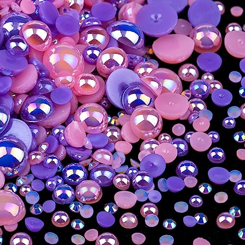 50g Flatback Pearls and Rhinestones Set 3-Purple&Pink, Mixed Size 3-10mm Resin Rhinestones and Half Pearls for Nail Art and Crafts and Decoration with Tweezer and Pickup Pencil